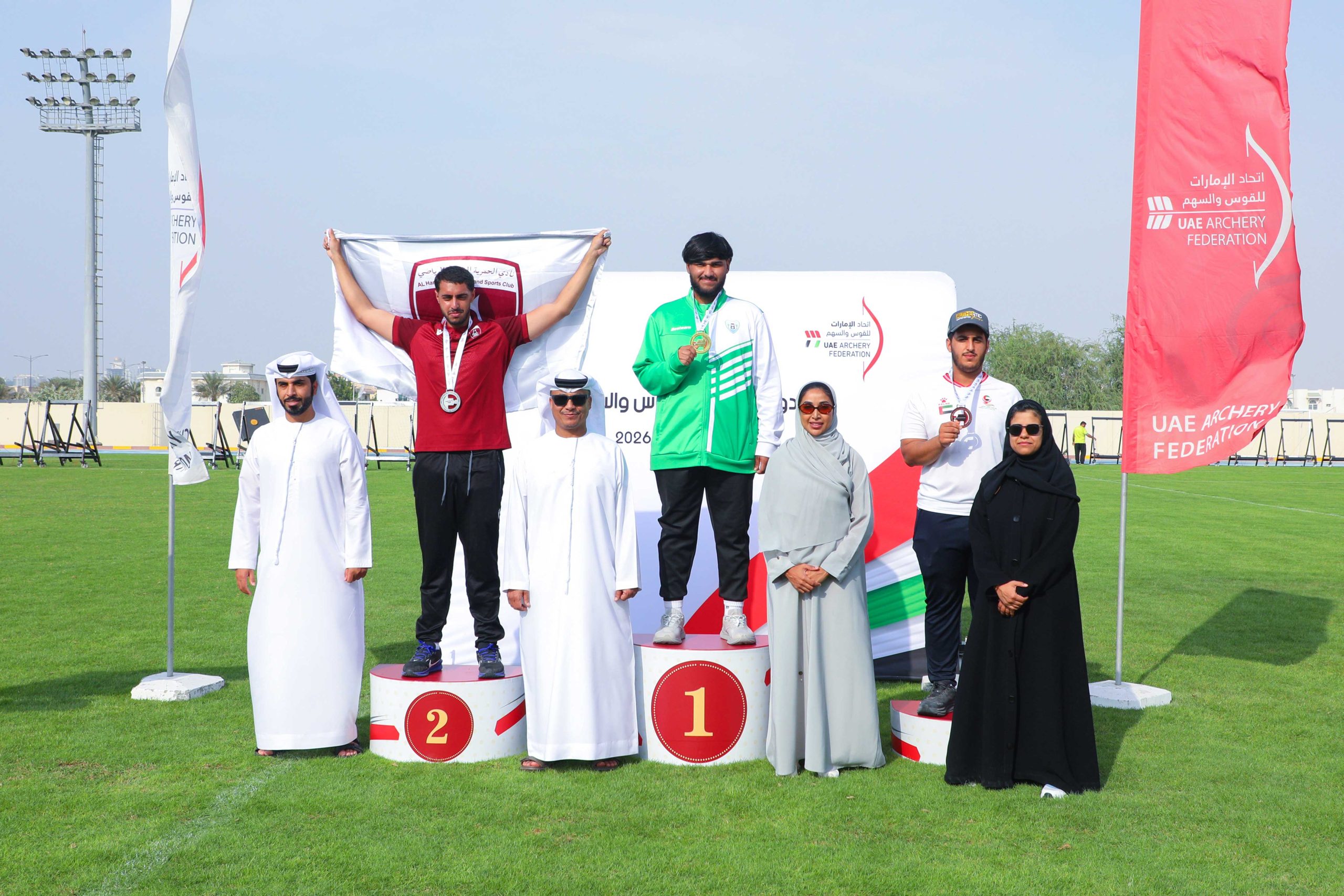 Saeed Tamrouq, player of Dibba Al-Hisn Club, wins the gold medal in archery for the under-21 category.